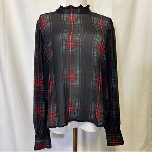 J. Crew Black and Red Sheer Plaid Ruffle Blouse. Size Large. EUC.